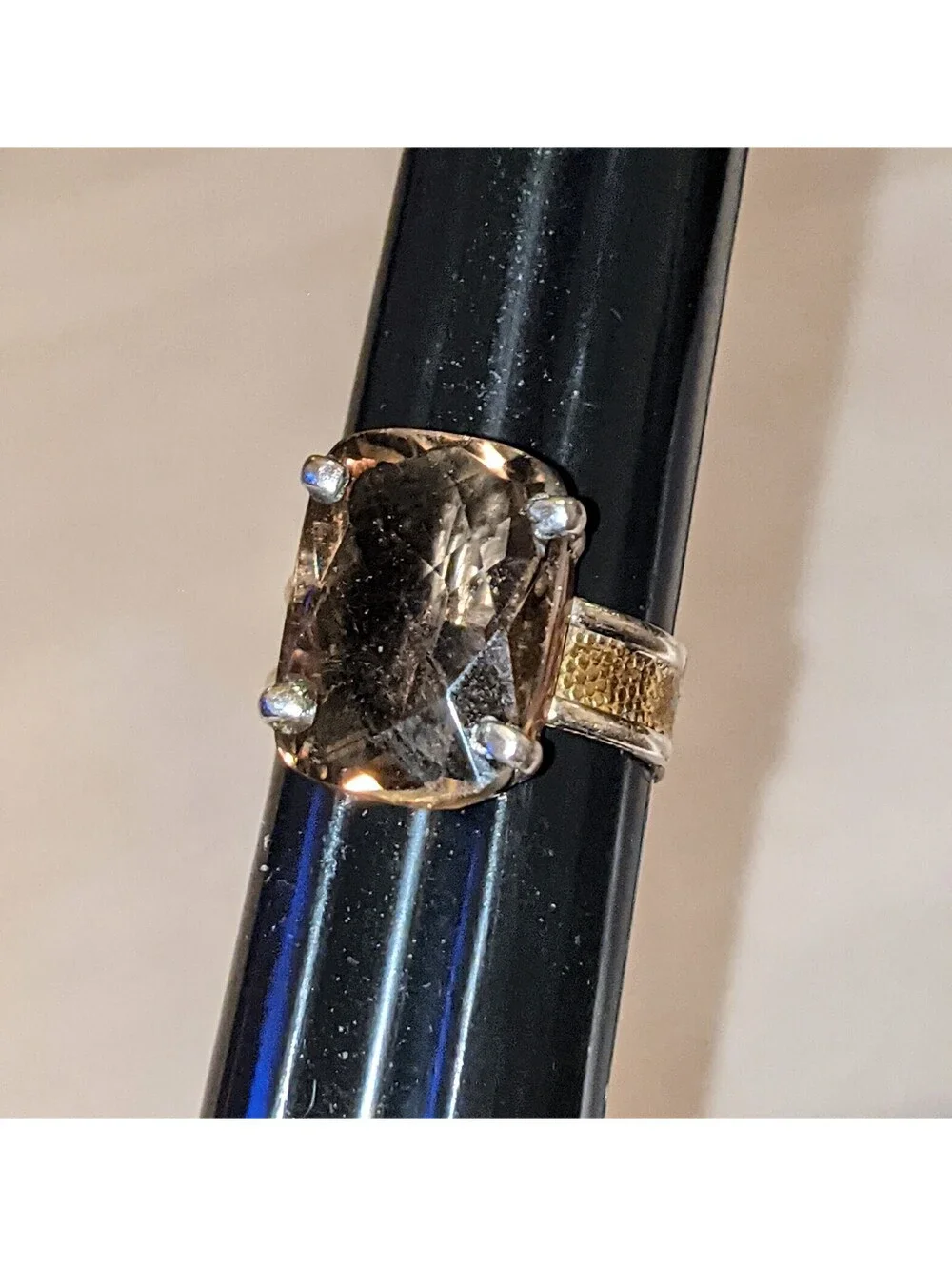 925 Sterling Silver & Brown Faceted Smoky Quartz Mixed Metals Ring Sz 9 Artisan